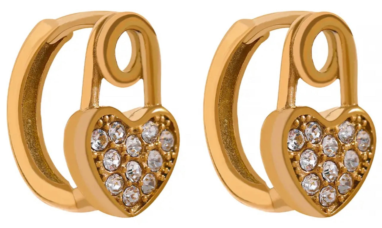 SWEETHEART | Tarnish-Free | Stainless Steel | Gold Encrusted Heart Pin Huggie| Earrings