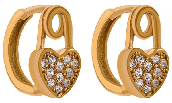 SWEETHEART | Tarnish-Free | Stainless Steel | Gold Encrusted Heart Pin Huggie| Earrings