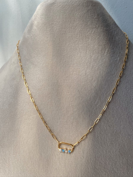 ATLANTIS | S925 Sterling Silver I 18ct Gold Plated I Oval Pearl and Blue/Clear Cubic Zirconia | Pendant Link Necklace