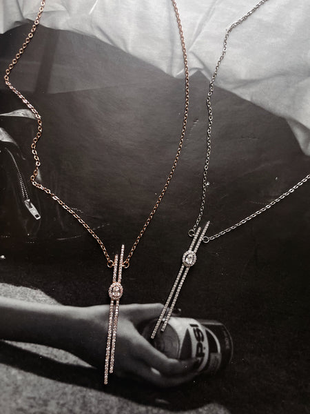 DIAMOND MILE | Silver/Rose-Gold Linear Pendant Luxury Necklace | AAA Grade Cubic Zirconia