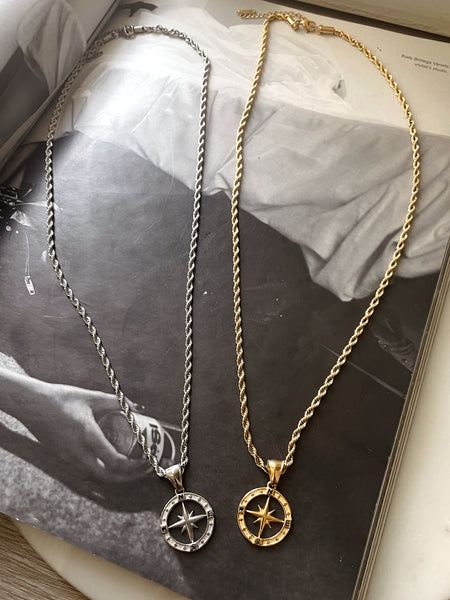 ADVENTURER | ZibaMan | Gold/Silver and Cubic Compass Pendant Rope Chain Necklace | Tarnish-Free