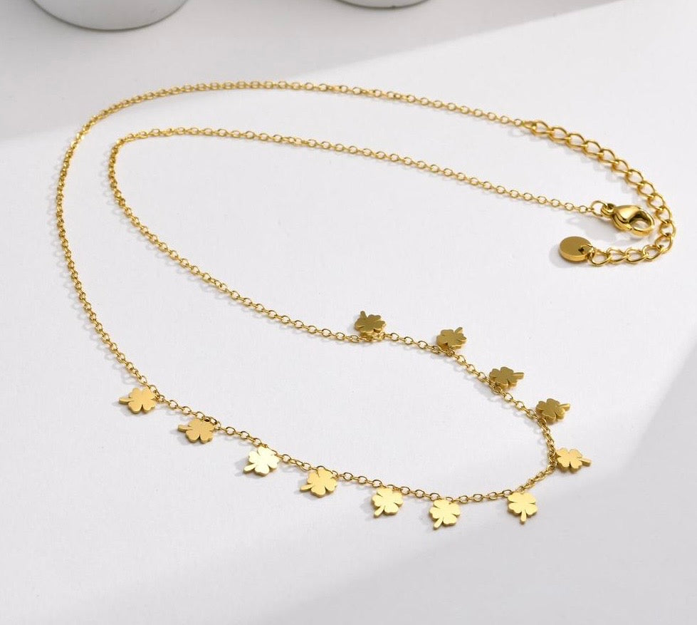 LUCKY CHARM | Tarnish Free | Stainless Steel | Gold Multi-Mini Four Leaf Flower | Necklace