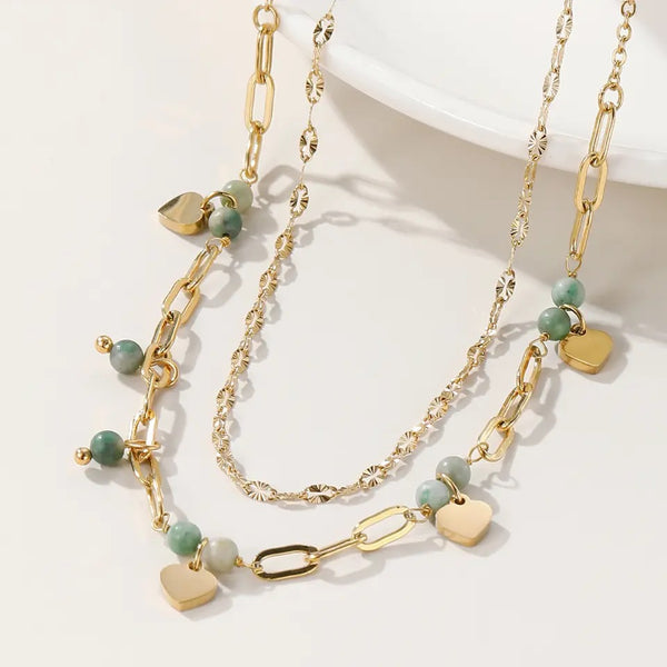 MAURITIANA | Tarnish Free | Gold Shimmer and Green Bead Double Layer Charm Necklace
