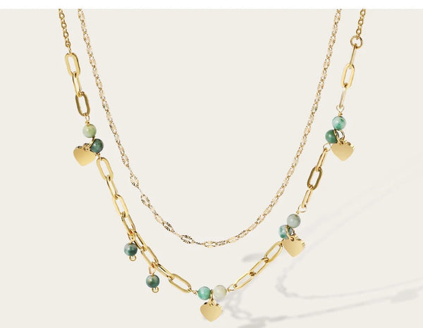 MAURITIANA | Tarnish Free | Gold Shimmer and Green Bead Double Layer Charm Necklace