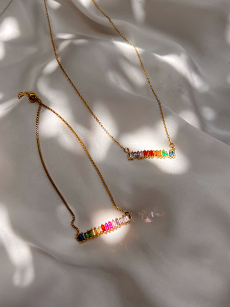 RAINBOW CRUSH | Tarnish Free | Multi Col Cubic Zirconia Baguette Jewel Bar | Necklace/Bracelet