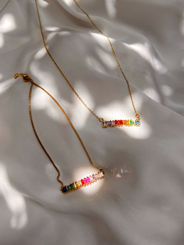 RAINBOW CRUSH | Tarnish Free | Multi Col Cubic Zirconia Baguette Jewel Bar | Necklace/Bracelet