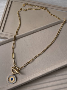 SAI | Tarnish Free | Stainless Steel | Gold Plated | Evil Eye Toggle Paperclip | Necklace