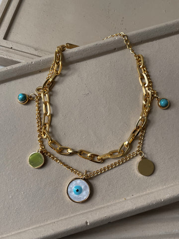 MONIQUE | Tarnish-Free | Stainless Steel | Gold Plated | Double Layer Evil Eye | Bracelet