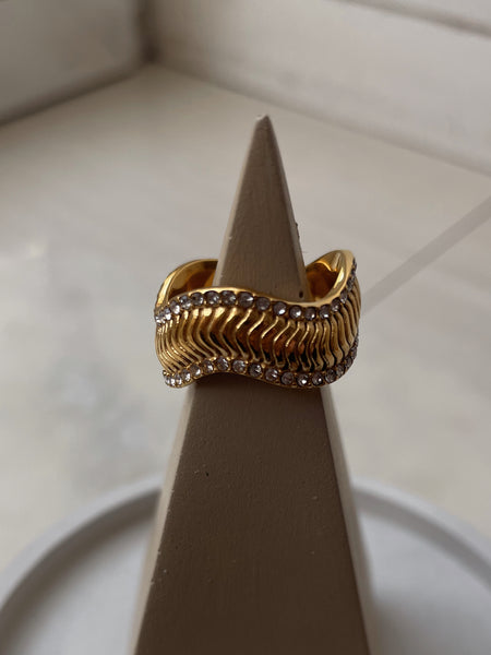 EIRA | Tarnish Free | Cubic Zirconia Encrusted Gold Wave | Ring