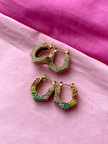 LOLA | Tarnish Free | Clear/Multi-Colour Gold Encrusted Hexagonal | Earring