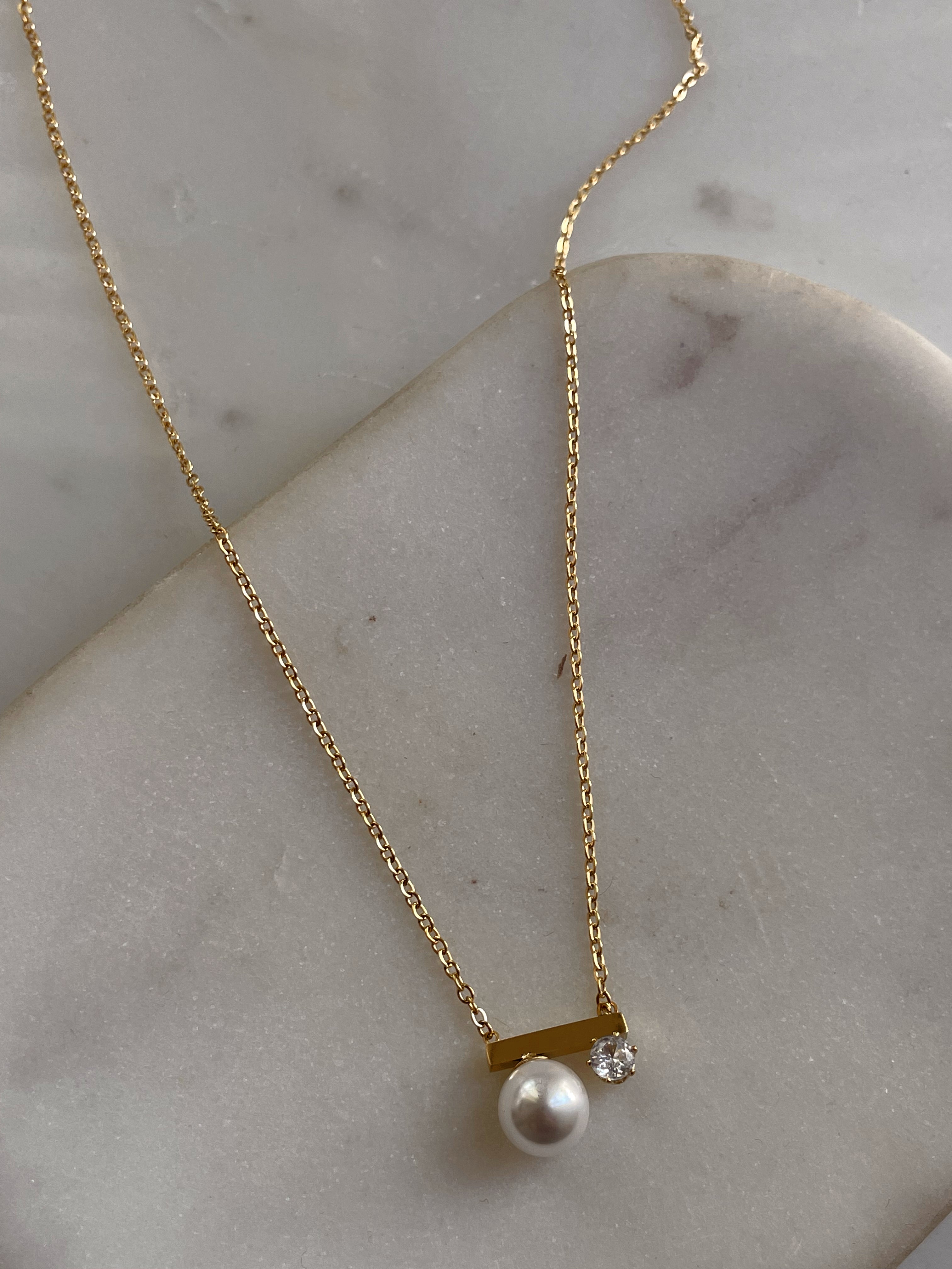 AYLA | Tarnish-Free | Gold Bar and Pearl Cubic Zirconia | Necklace