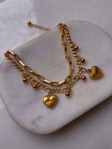 BELOVED | Tarnish Free | Gold Plated Charm Bracelet | Double Layer Link and Heart Charm | Bracelet
