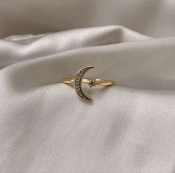 DINA | S925 Sterling Silver I 18k Gold Plated I Cubic Zirconia Adjustable Star and Moon | Ring