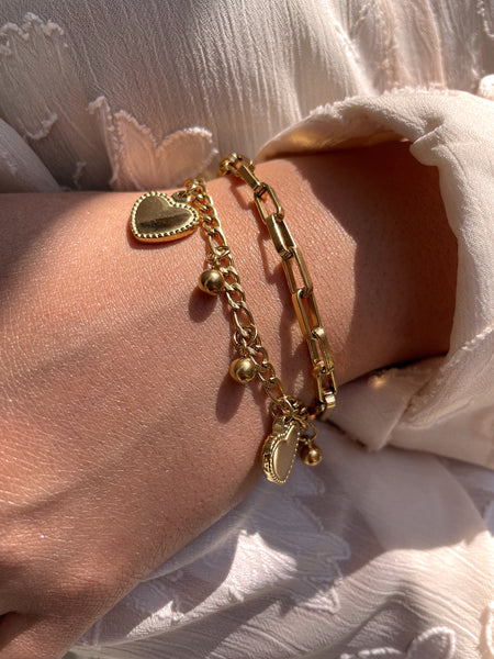 BELOVED | Tarnish Free | Gold Plated Charm Bracelet | Double Layer Link and Heart Charm | Bracelet
