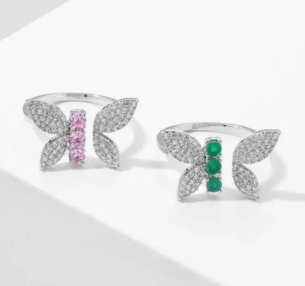 VIOLA I Cubic Zirconia Pink/Emerald Pavé Butterfly Adjustable | Ring