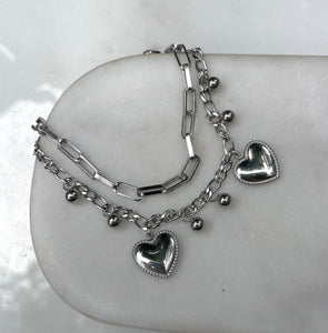BELOVED | Tarnish Free | Gold Plated Charm Bracelet | Double Layer Link and Heart Charm | Bracelet