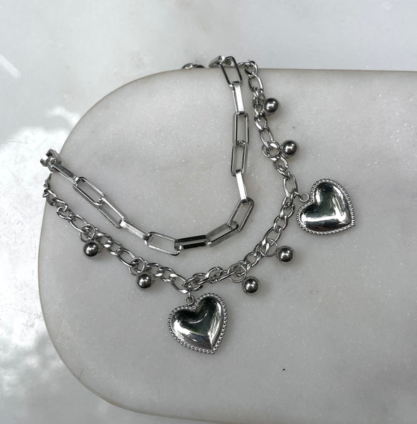 BELOVED | Tarnish Free | Gold Plated Charm Bracelet | Double Layer Link and Heart Charm | Bracelet
