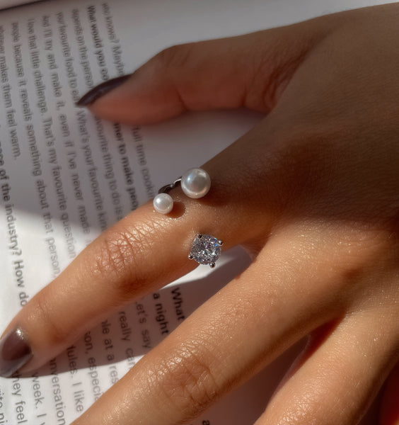 STELLA I Luxury Silver Open Ring | AAA Grade Cubic Zirconia/Pearl  I Adjustable