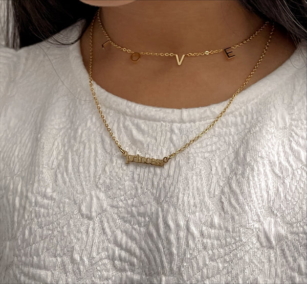 KIDS WORD PENDANT NECKLACES | Princess/Sweetheart | Tarnish Free | 18ct Gold Plated and Stainless Steel |