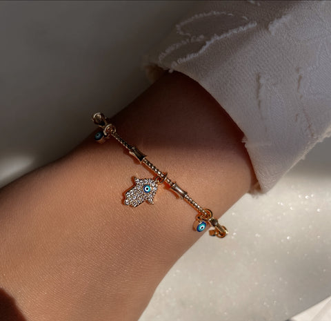 ALANI | Evil Eye and Hamsa Hand | Jewel Encrusted Adjustable Cuff