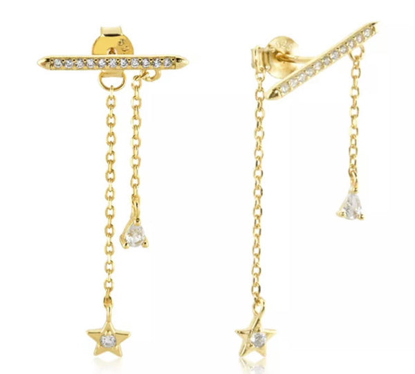 COMET I S925 Sterling Silver I 18ct gold plated I Cubic Zirconia Bar Star Drop | Earrings