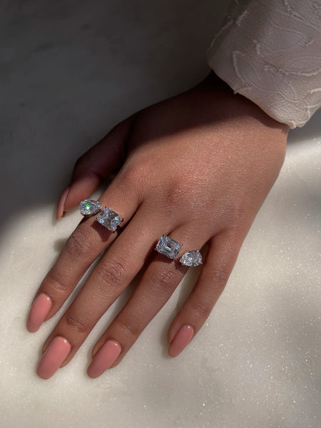 ADRIANA I Luxury Silver Emerald Open Ring | AAA Grade Cubic Zirconia I Adjustable