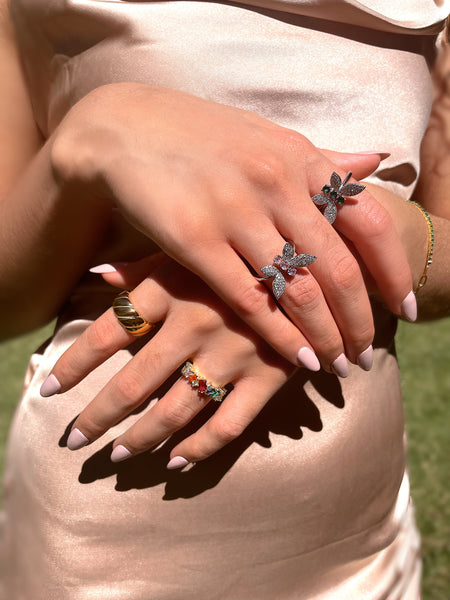 VIOLA I Cubic Zirconia Pink/Emerald Pavé Butterfly Adjustable | Ring