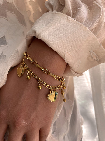 BELOVED | Tarnish Free | Gold Plated Charm Bracelet | Double Layer Link and Heart Charm | Bracelet