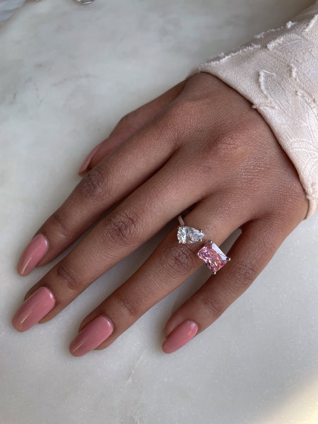ADRIANA I Luxury Silver Emerald Open Ring | AAA Grade Cubic Zirconia I Adjustable