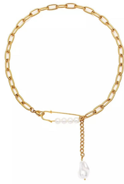 ARIEL | Tarnish-Free | Gold Y shaped Safety Pin and Pearl | Necklace