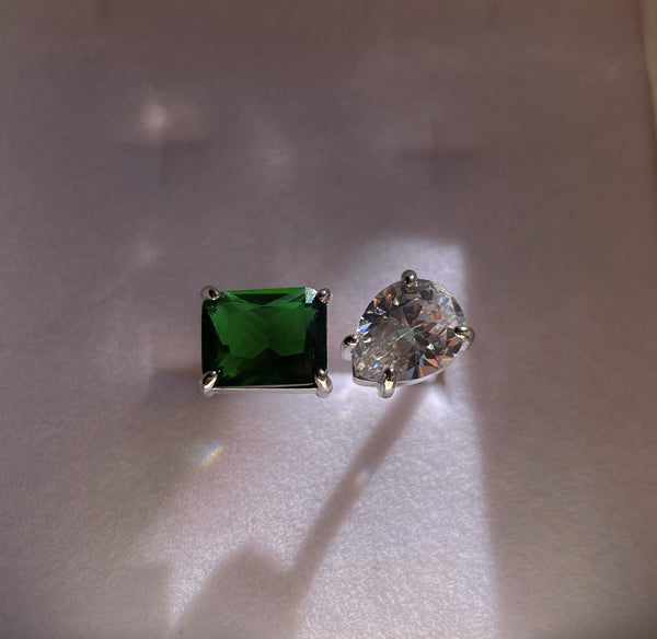 ADRIANA I Luxury Silver Emerald Open Ring | AAA Grade Cubic Zirconia I Adjustable