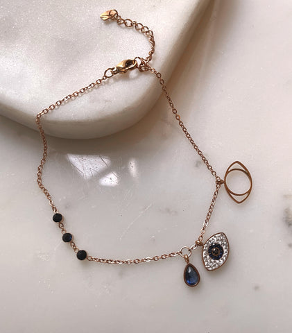 NERA ANKLET | Rose-Gold Evil Eye Charm | Stainless Steel 18k Gold | Anklet