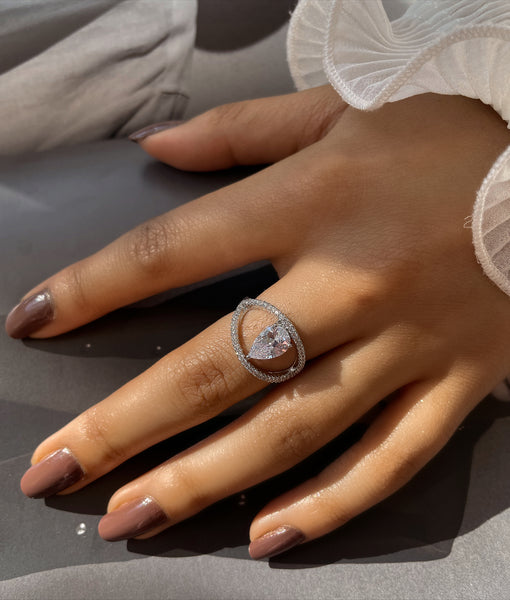 AVA I Luxury Silver Teardrop Ring | AAA Grade Cubic Zirconia I Adjustable