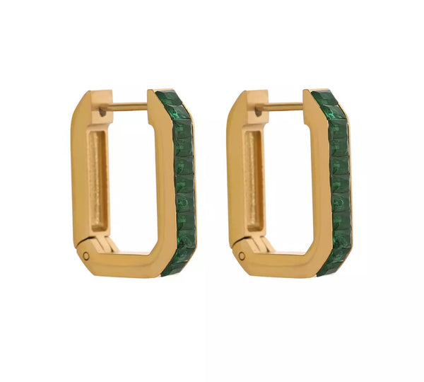 KENDALL  | Tarnish-Free | Gold Cubic Zirconia Emerald/Clear | Rectangular Chunky Huggies