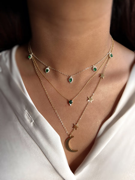 ELIXIR | S925 Emerald Green Sterling Silver 18ct gold plated Black/Nude Cubic Zirconia Necklace