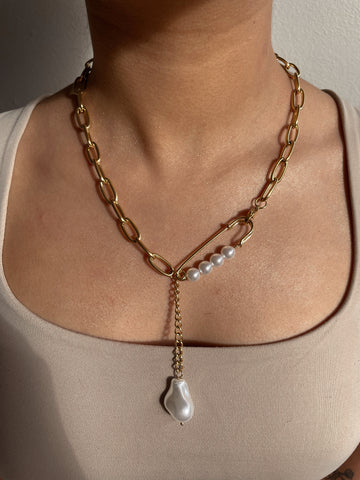 ARIEL | Tarnish-Free | Gold Y shaped Safety Pin and Pearl | Necklace