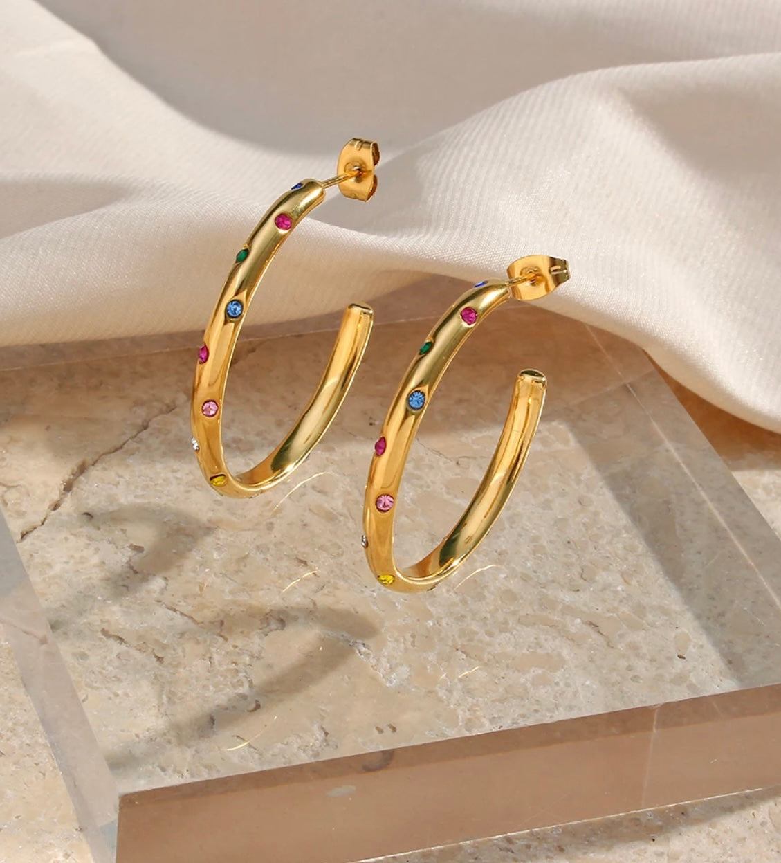 SEMIRA | Tarnish-Free | Gold Encrusted Clear/MultiColor Large Hoop | Earring