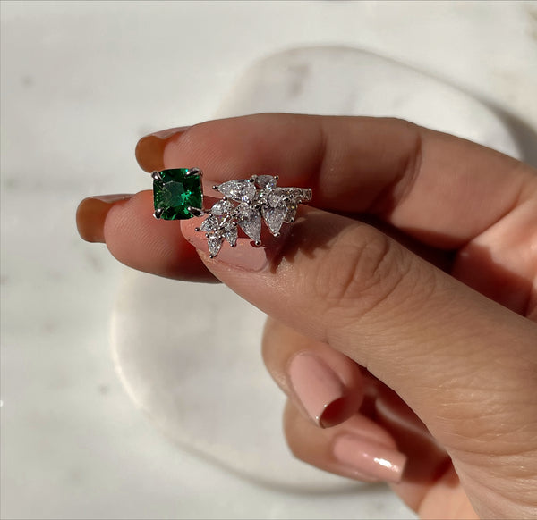 ROSÉ I Emerald and Silver Leaf Open Ring I Adjustable I S925 Sterling Silver | Cubic Zirconias