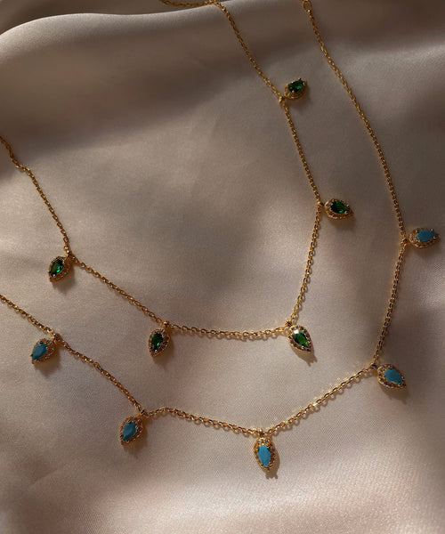 EMIRATI | The Beela Necklace | S925 Sterling Silver 18ct gold plated| Emerald Green/Turq Tear Drop Necklace