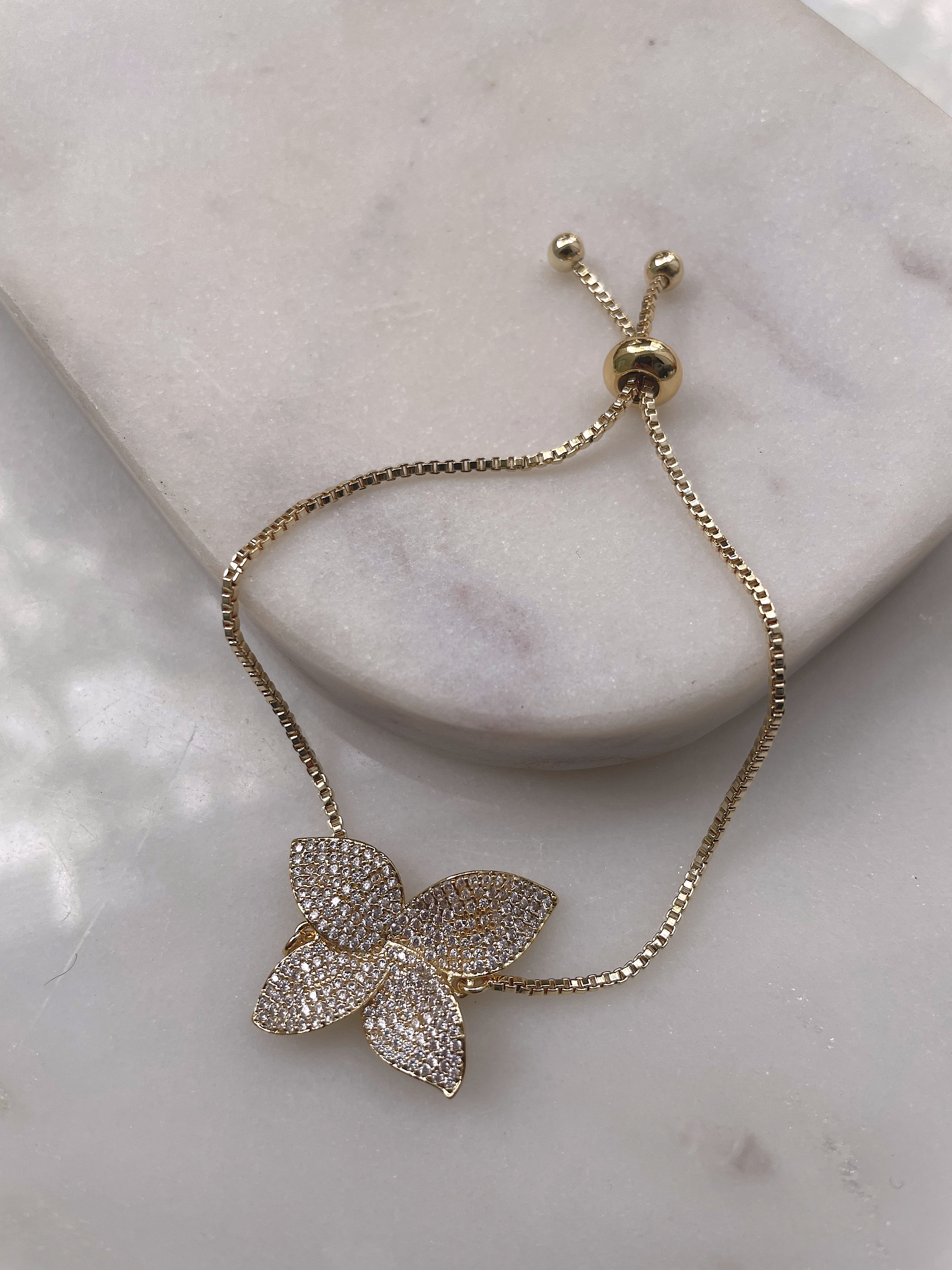 MARIAH I Cubic Zirconia Pavé Flower Jewel Encrusted Flower Bracelet/Ring