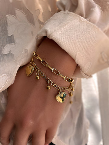 BELOVED | Tarnish Free | Gold Plated Charm Bracelet | Double Layer Link and Heart Charm | Bracelet