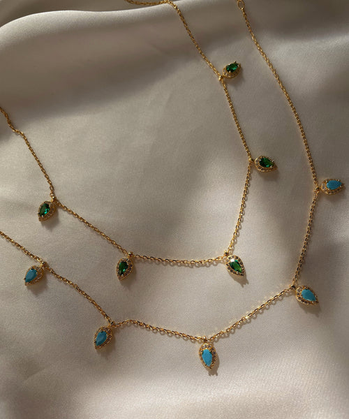 EMIRATI | The Beela Necklace | S925 Sterling Silver 18ct gold plated| Emerald Green/Turq Tear Drop Necklace