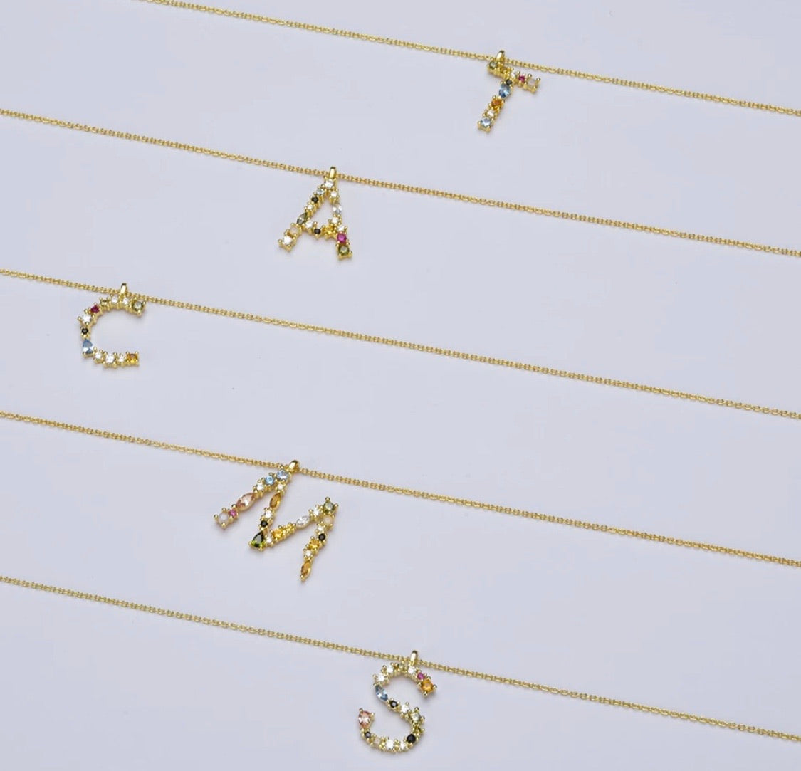 AMOUR I Initial I S925 Sterling Silver I 18ct gold plated I Multicolour I Cubic Zirconia I Letter Necklace