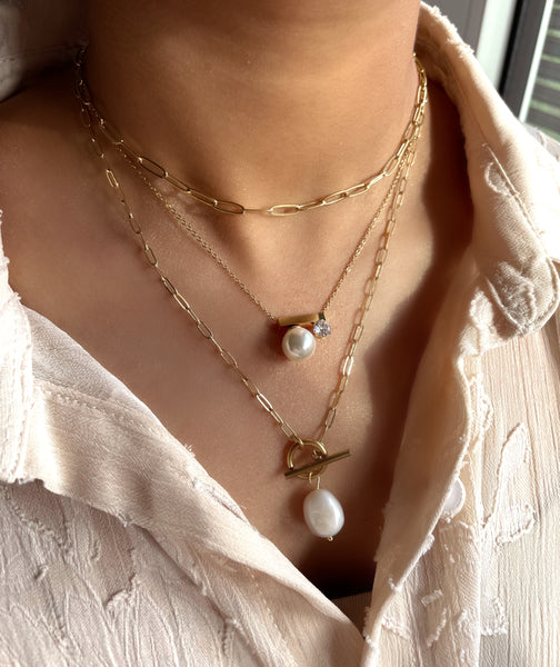 AYLA | Tarnish-Free | Gold Bar and Pearl Cubic Zirconia | Necklace
