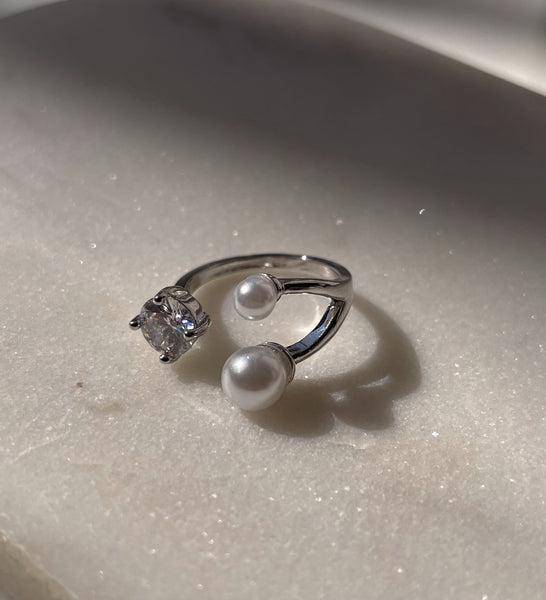 STELLA I Luxury Silver Open Ring | AAA Grade Cubic Zirconia/Pearl  I Adjustable