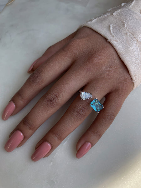 ADRIANA I Luxury Silver Emerald Open Ring | AAA Grade Cubic Zirconia I Adjustable