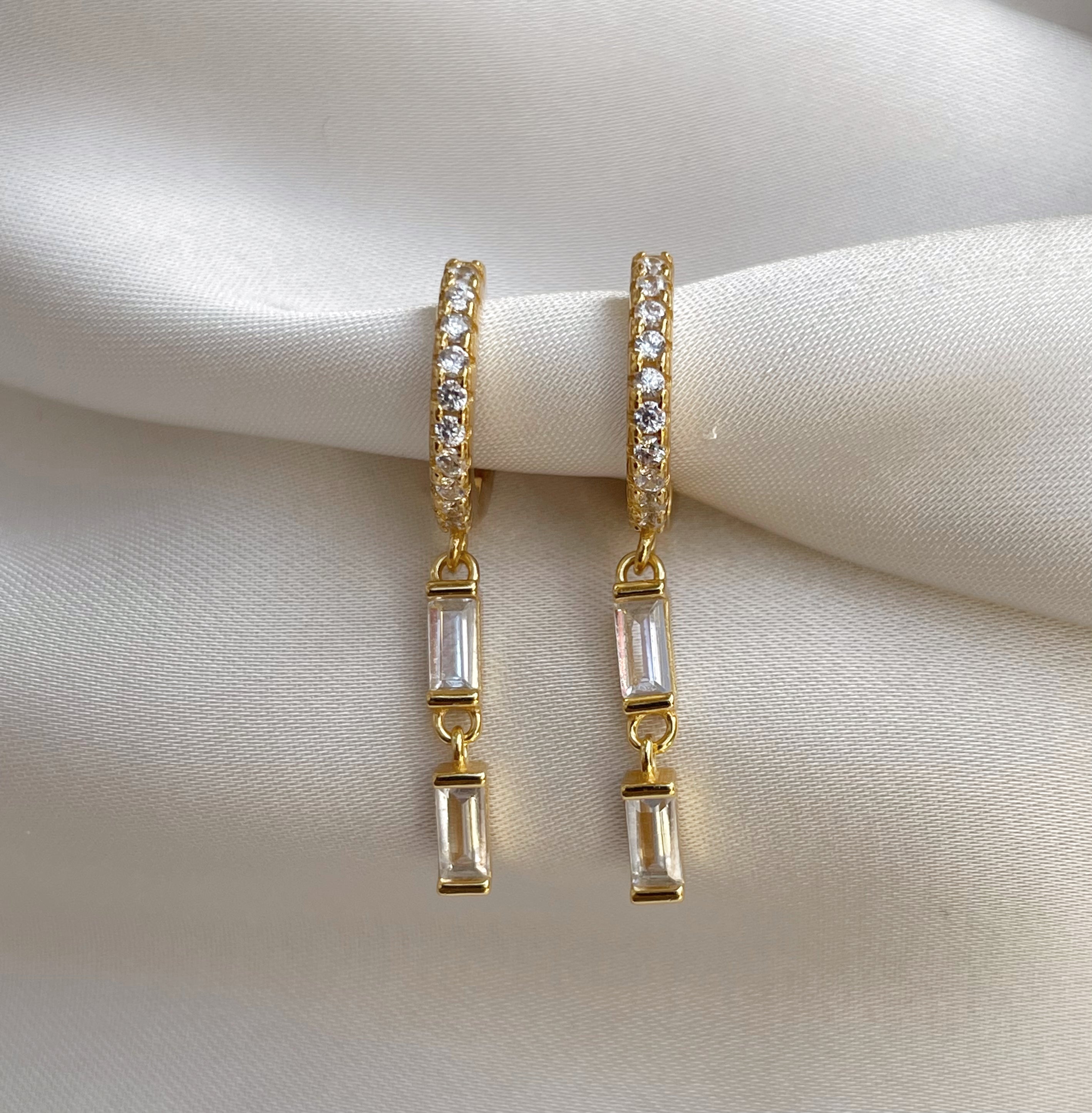 JULIE | Cubic Zirconia Rectangular Drop Huggies| S925 Sterling Silver 18ct Gold Plated | Earrings