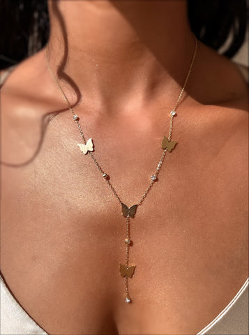 ENCHANTED | Tarnish Free | Gold Cubic Zirconia Y Shaped Butterfly | Necklace