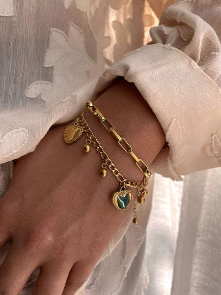 BELOVED | Tarnish Free | Gold Plated Charm Bracelet | Double Layer Link and Heart Charm | Bracelet