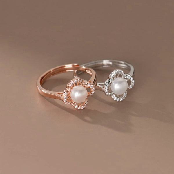 ISLA I S925 Sterling Silver I 18k Gold/Rose-Gold Plated I Cubic Zirconia Flower Pearl Adjustable | Ring
